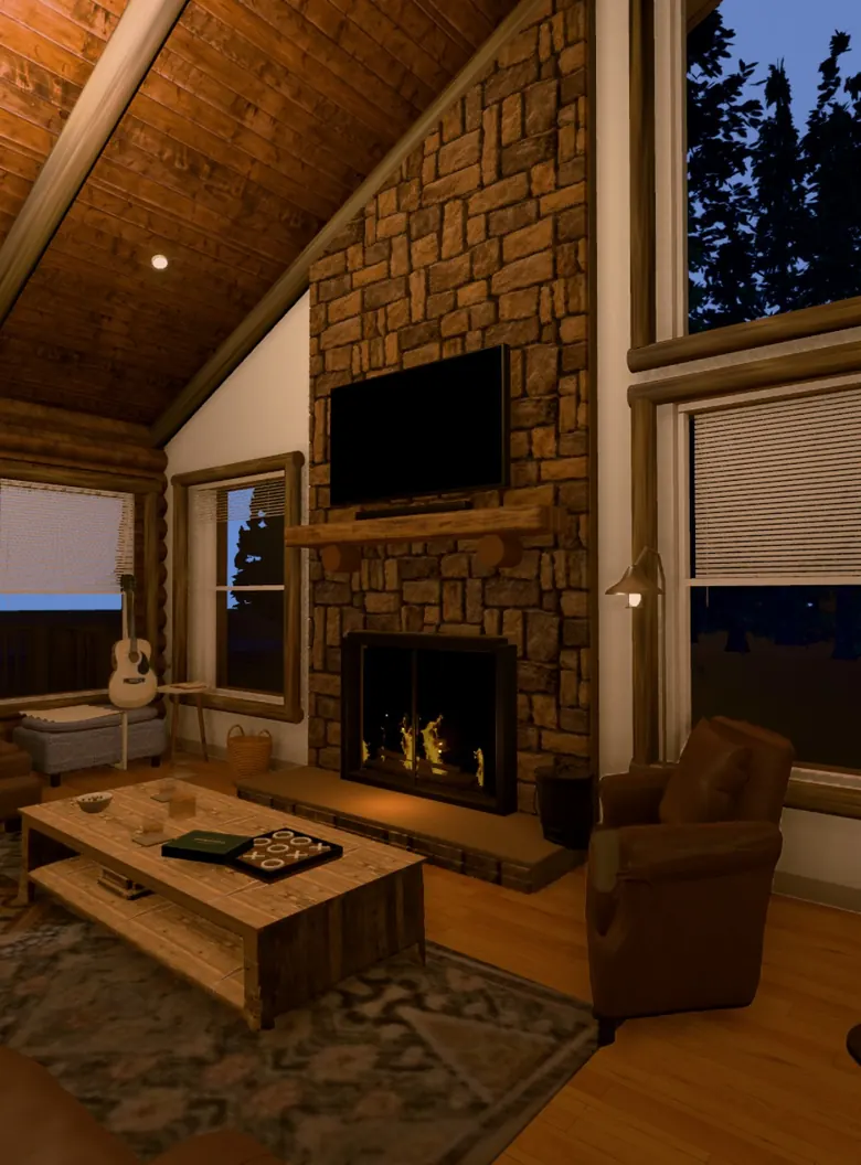 FLUXO Ushuaia: a wooden cabin with the fire going